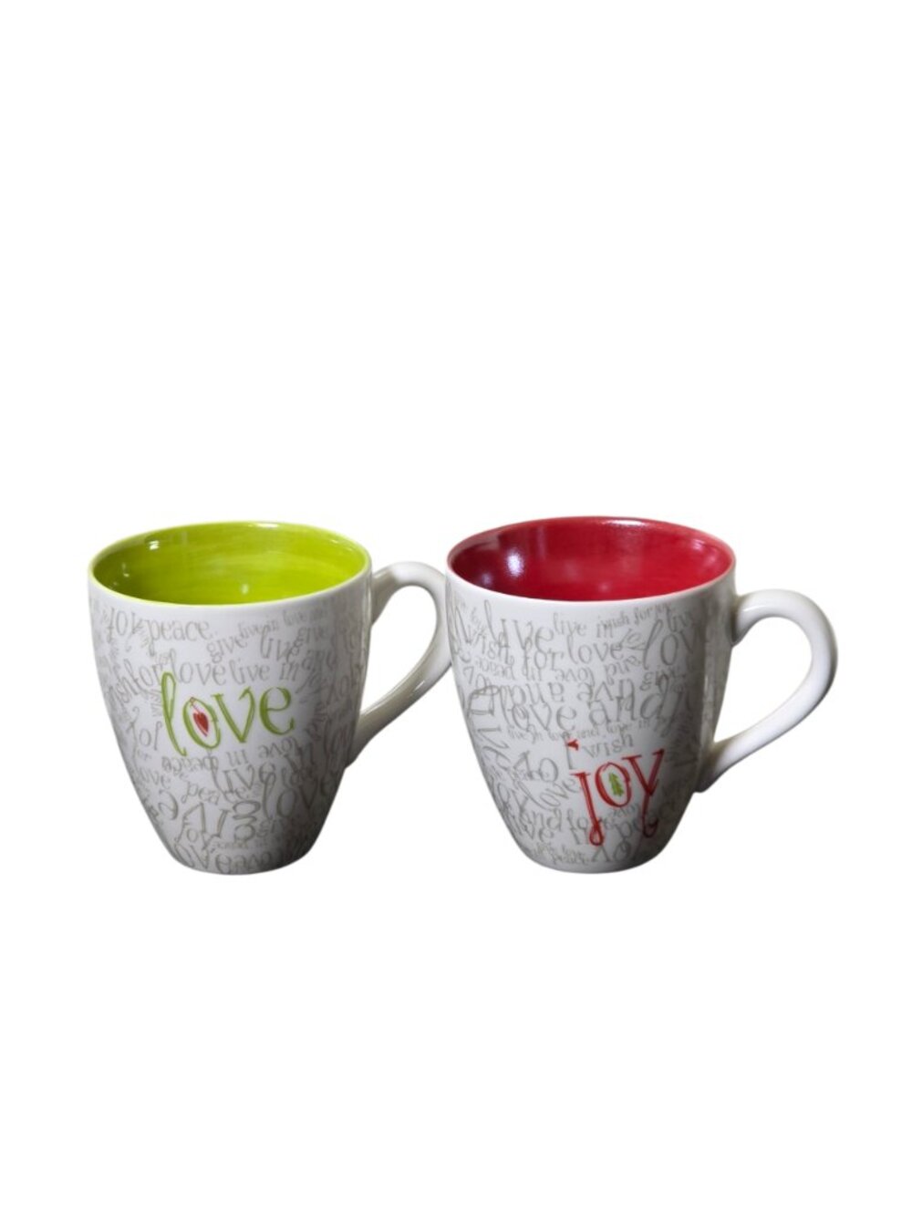 Starbucks 2005 Love Joy Mug Set Holiday Coffee Cups 14oz Ceramic Set of 2